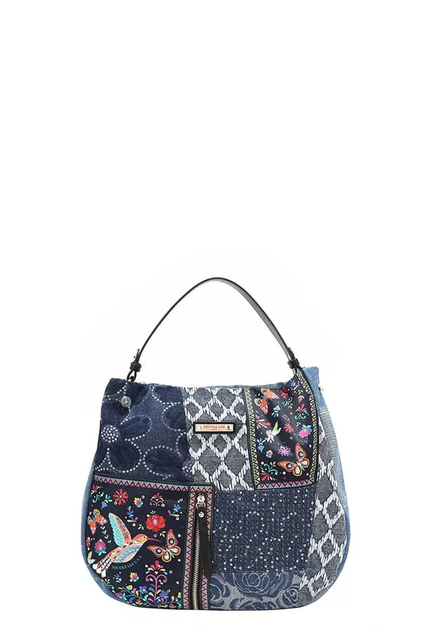 Bolso hobo de mezclilla Bosque De Amor con panel central de serpiente y ribetes florales
