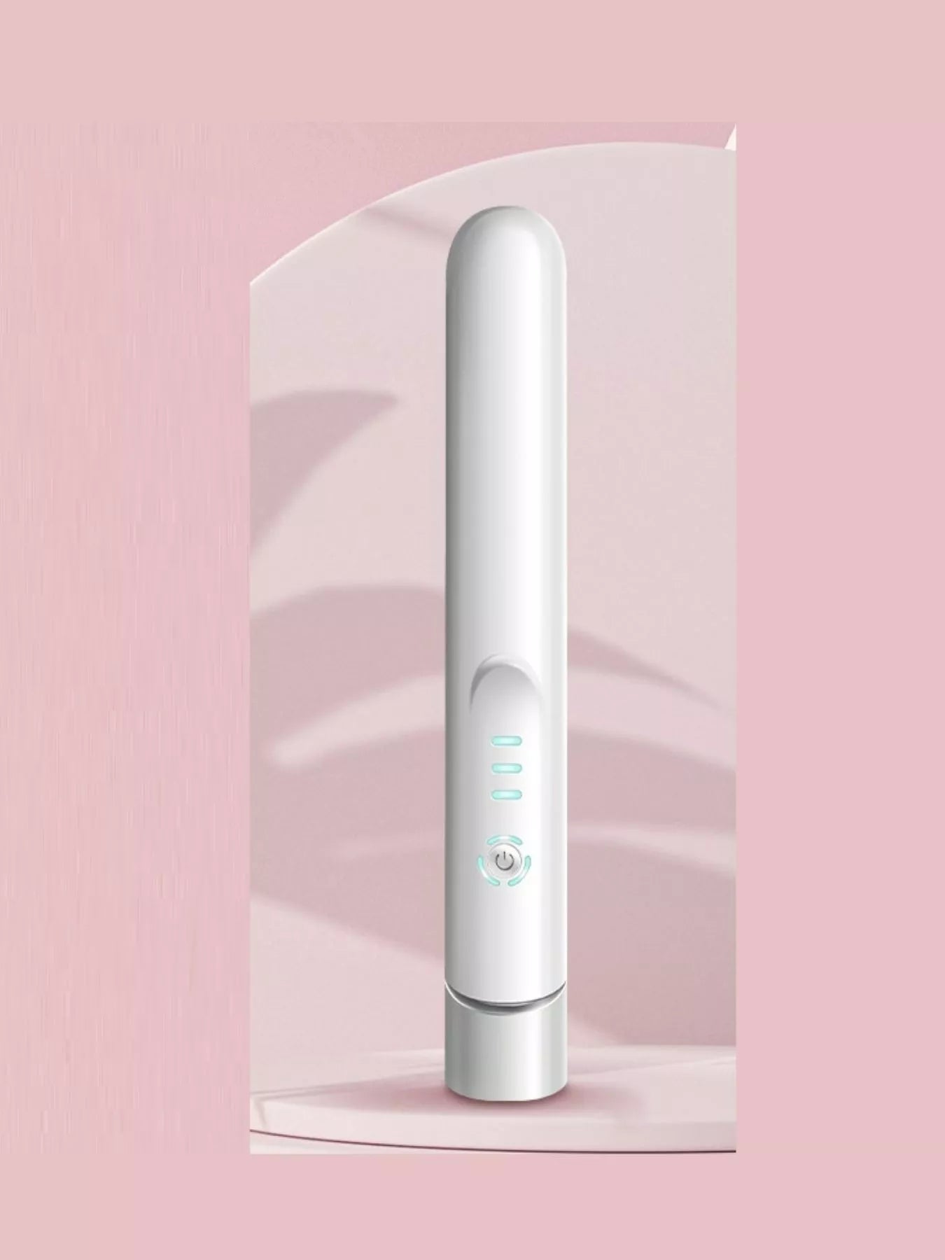 Portable cordless hair straightener in white, upright on a stand