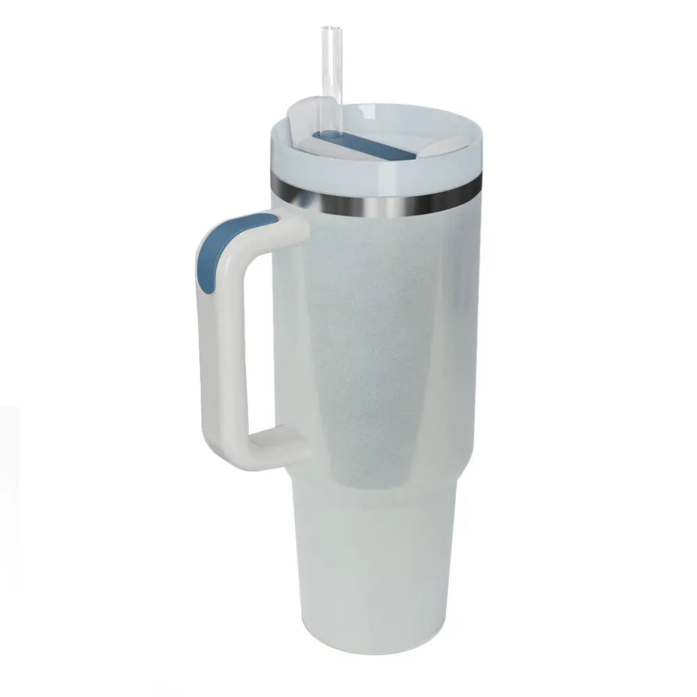 White stainless steel tumbler with handle and straw, silver lid