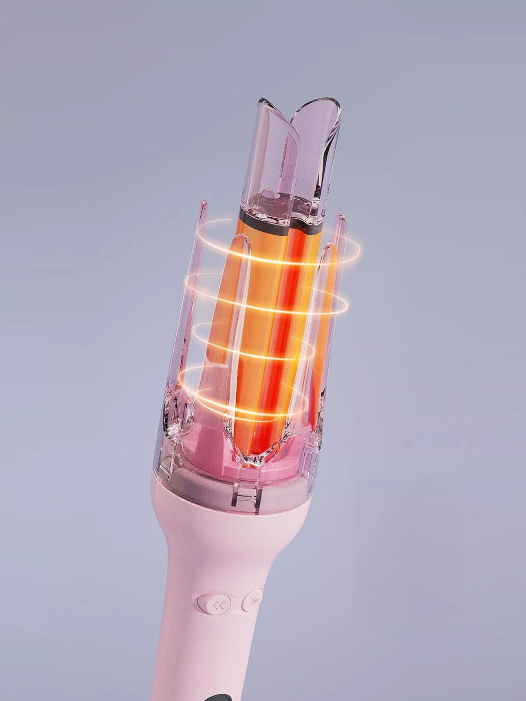 Dusty Pink automatic rotating ceramic hair curler with glowing heating elements