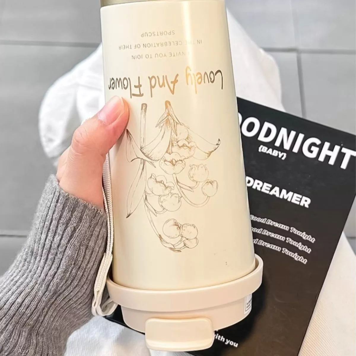 Lovely and Flower tumbler, cream version with floral illustration on reverse side