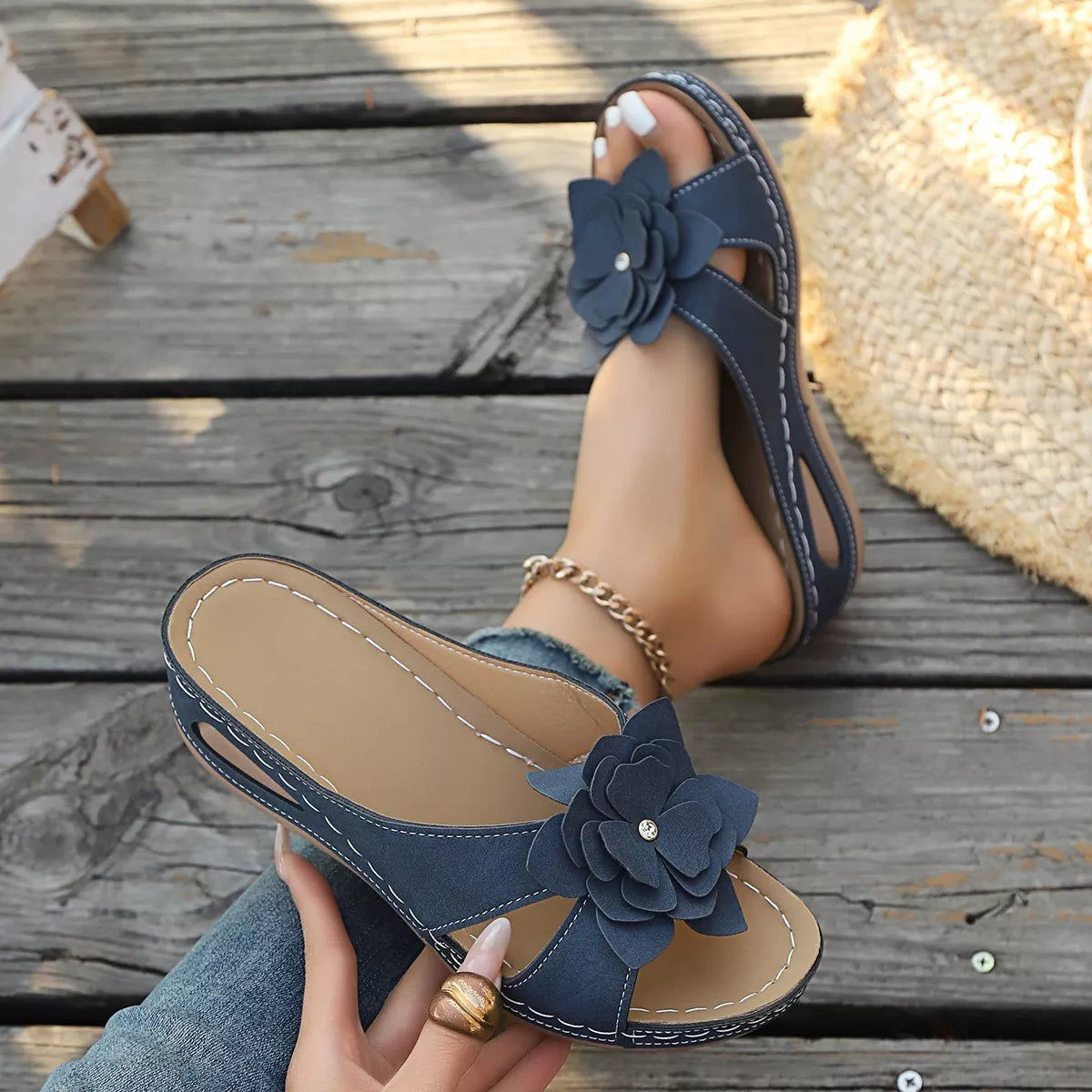 Flower open-toe wedge sandals, blue with large flower ornament and stitched trim