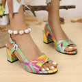Open Toe Block Heels Sandals: colorful straps with pearl ankle strap