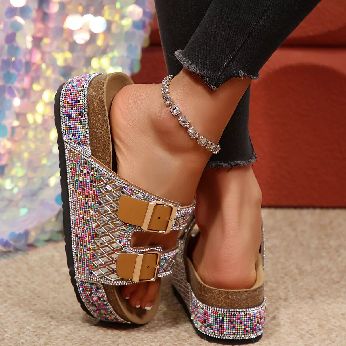 Open-toe rhinestone sandals with two buckle straps and chunky platform sole