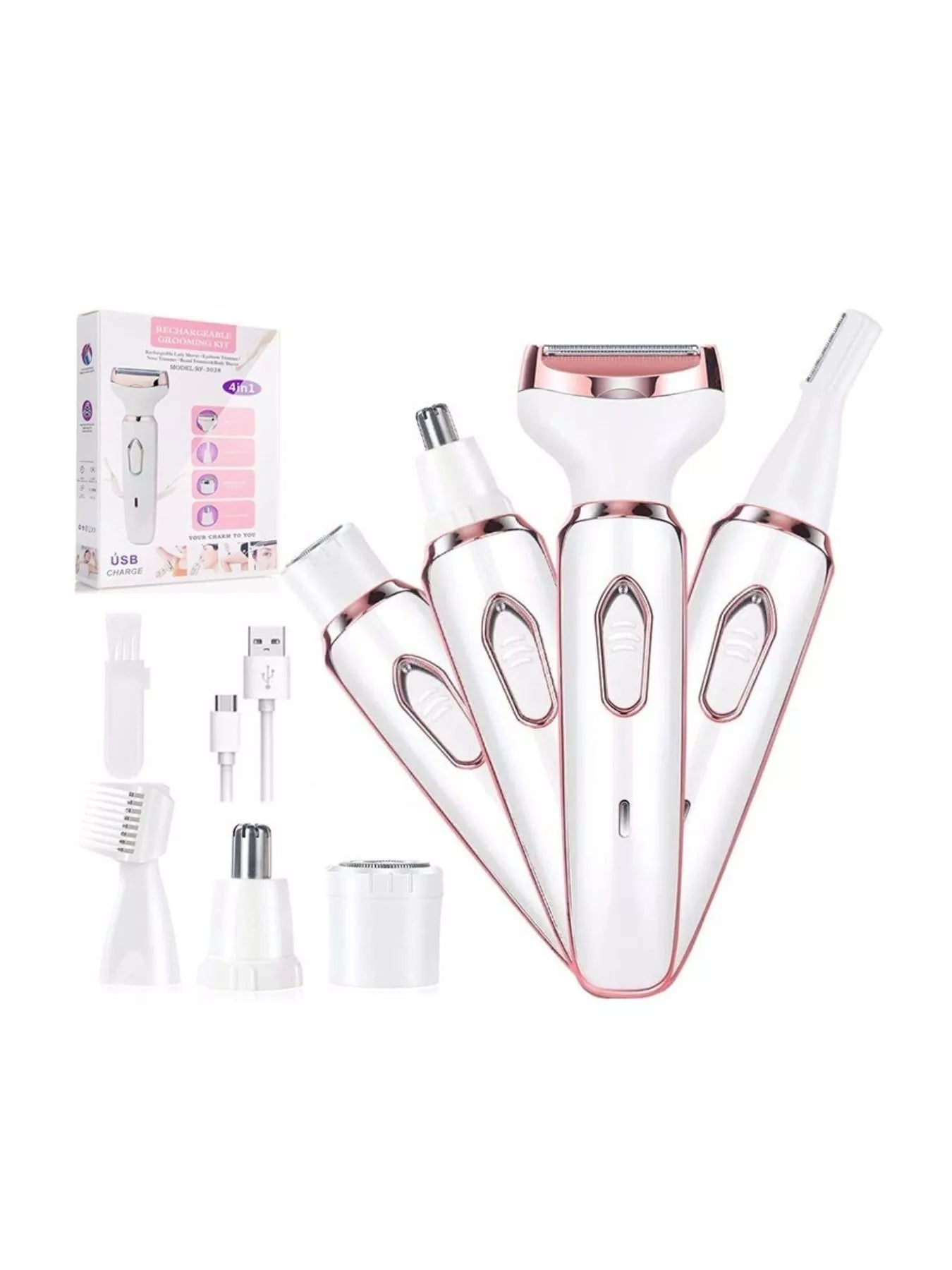 4-in-1 hair remover kit with product box and four white attachments, pink trim