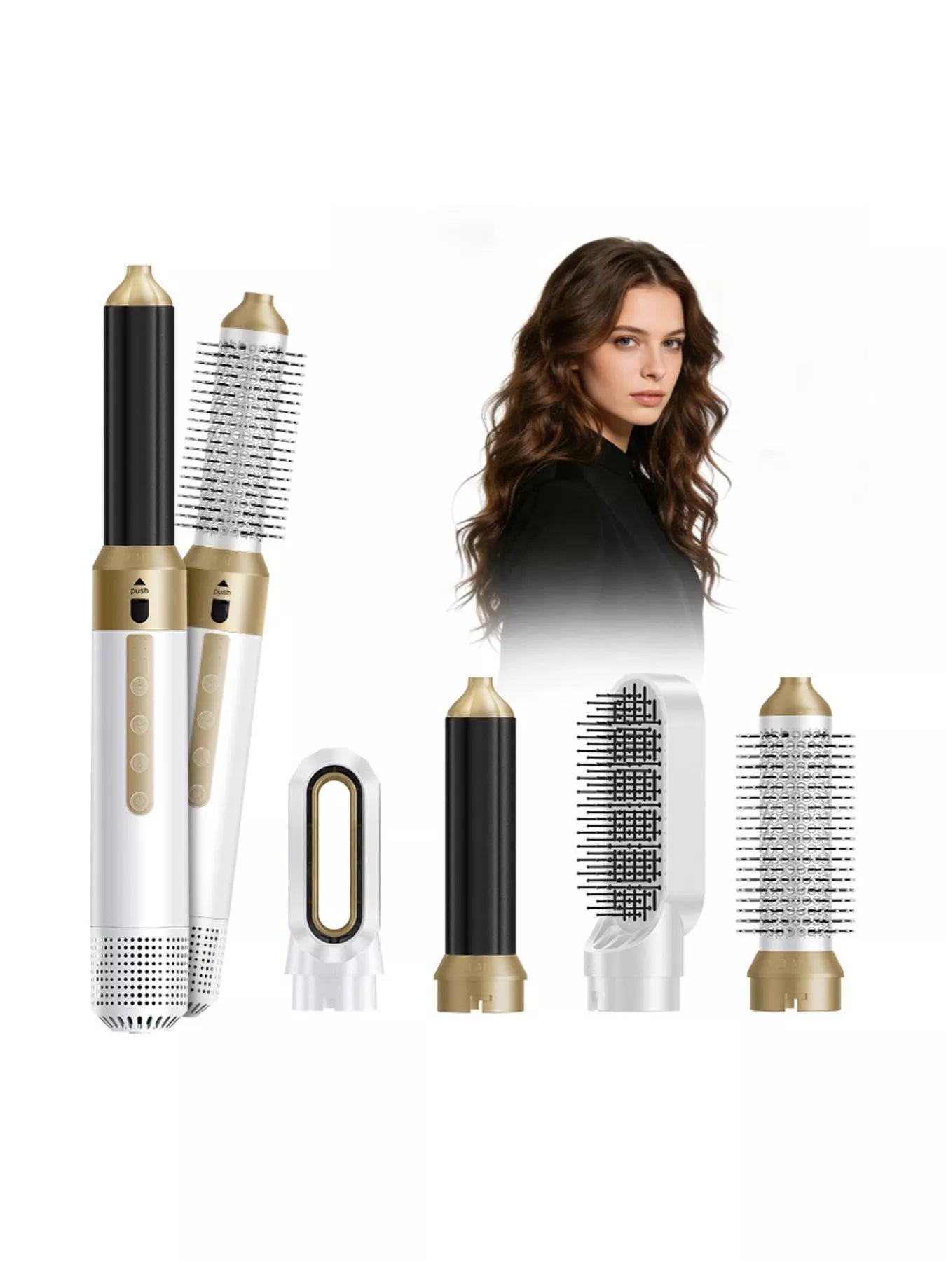 Interchangeable hot air brush set with white base and gold caps on multiple nozzle heads