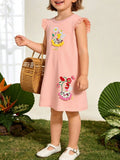 Watermelon pink Mädchenkleid mit Rüschenärmeln und Blumenstickerei vorne