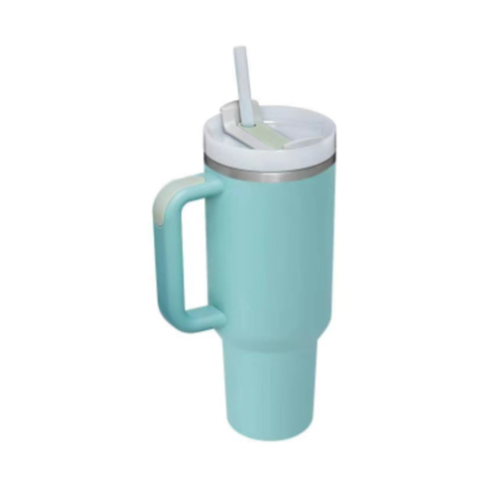40 oz insulated tumbler with handle, straw, and lid in light teal