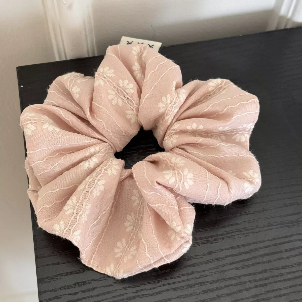 Blush pink floral hair scrunchie with light lace pattern