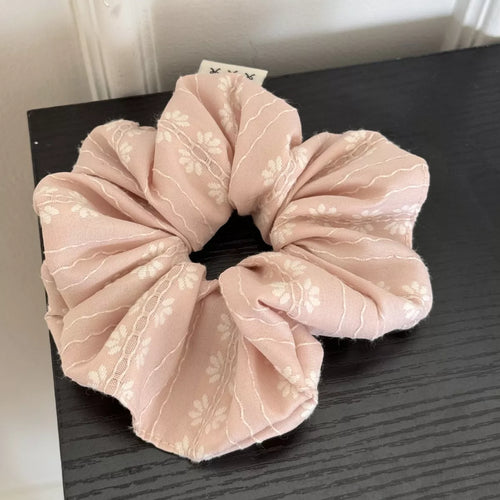 Blush pink floral hair scrunchie with light lace pattern