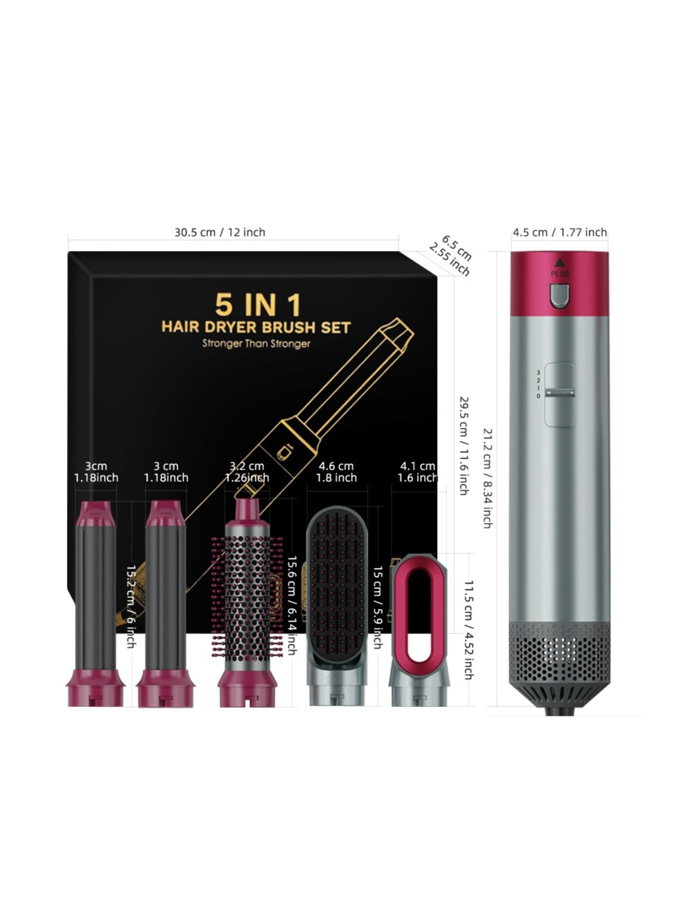 5‑in‑1 Hot Air Brush set, Gray Rose Gray, size diagram with attachment measurements