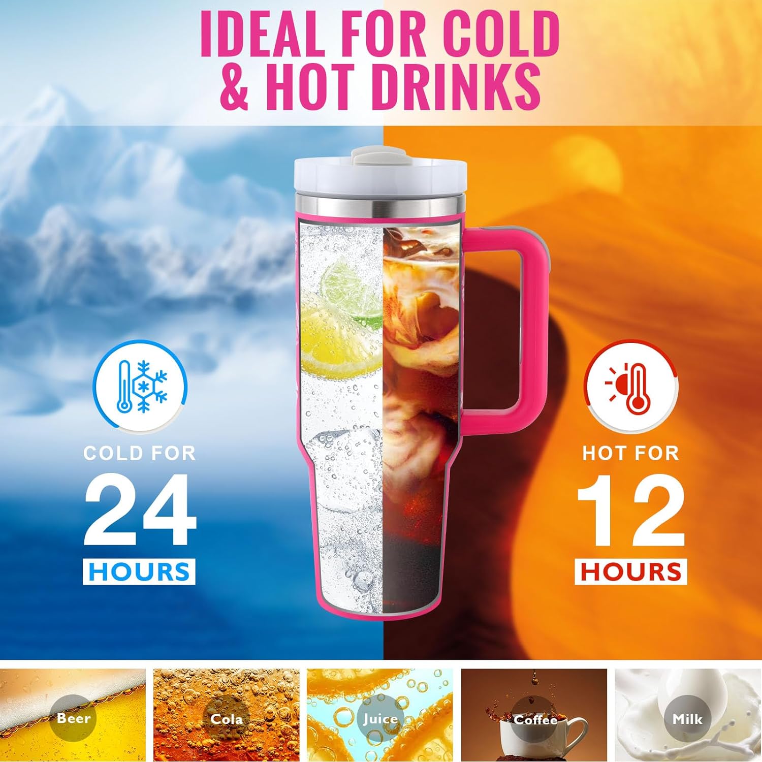 40 oz insulated tumbler with clear straw, pink handle, and screw-top lid