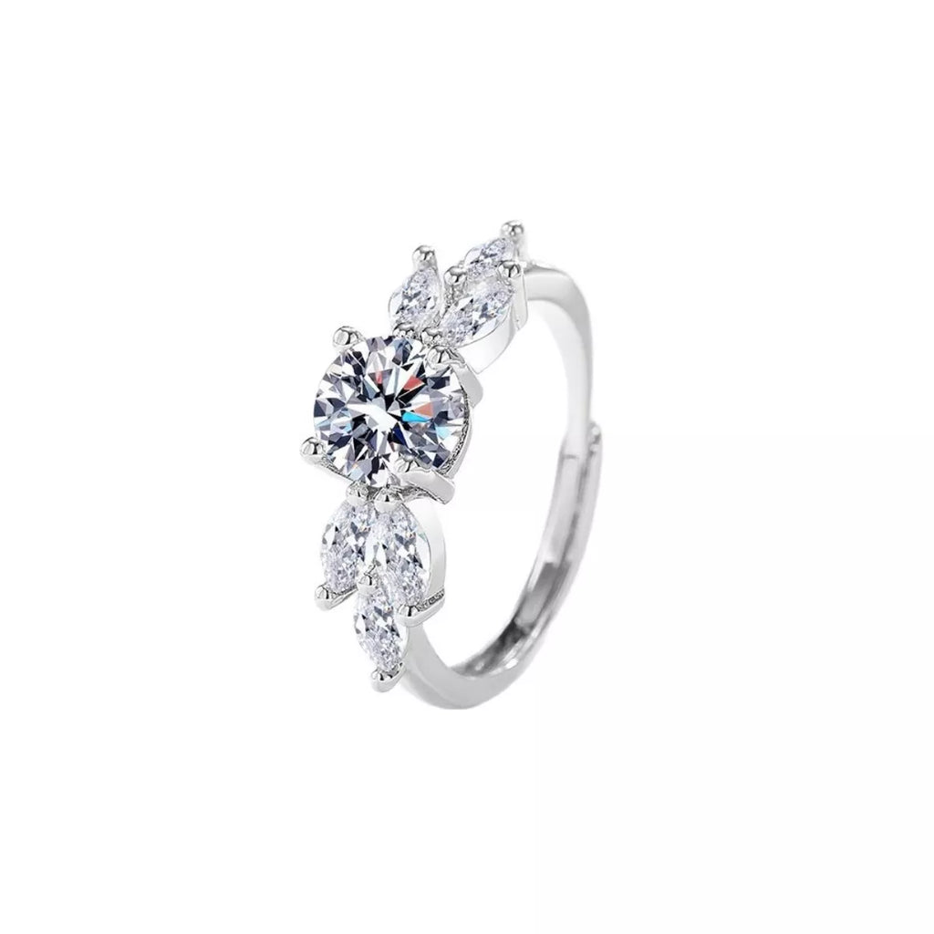 925 sterling silver moissanite ring with marquise center and pear side stones, prong-set