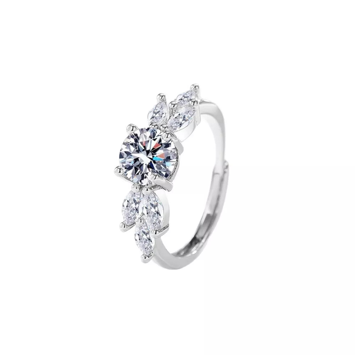 925 sterling silver moissanite ring with marquise center and pear side stones, prong-set