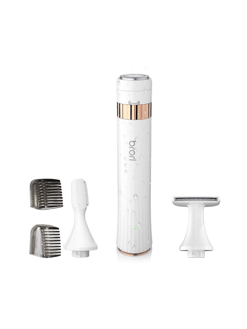 White electric epilator kit with main unit, shaving head, and comb guards