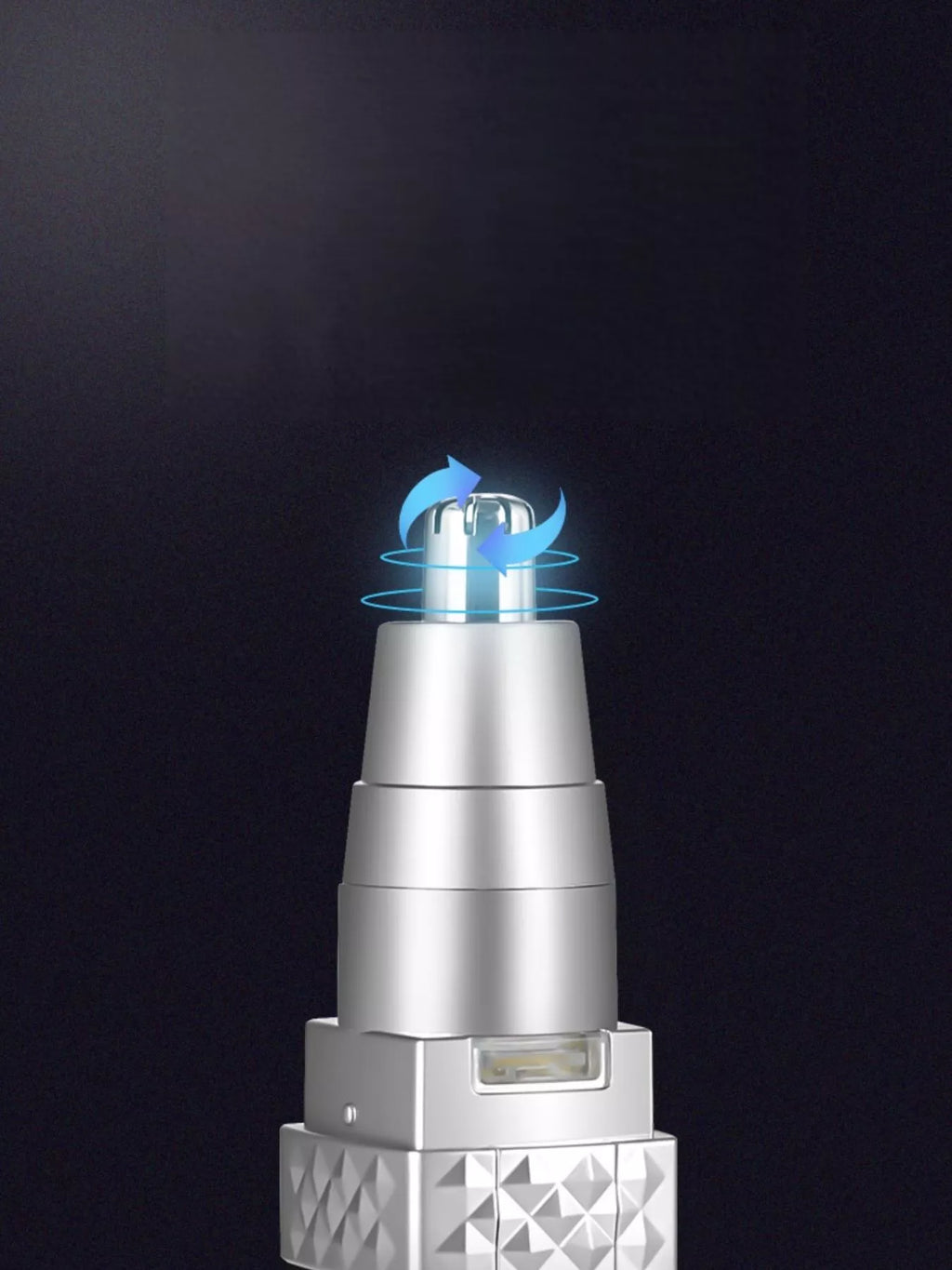 White/silver nose hair trimmer with illuminated airflow accents on the top