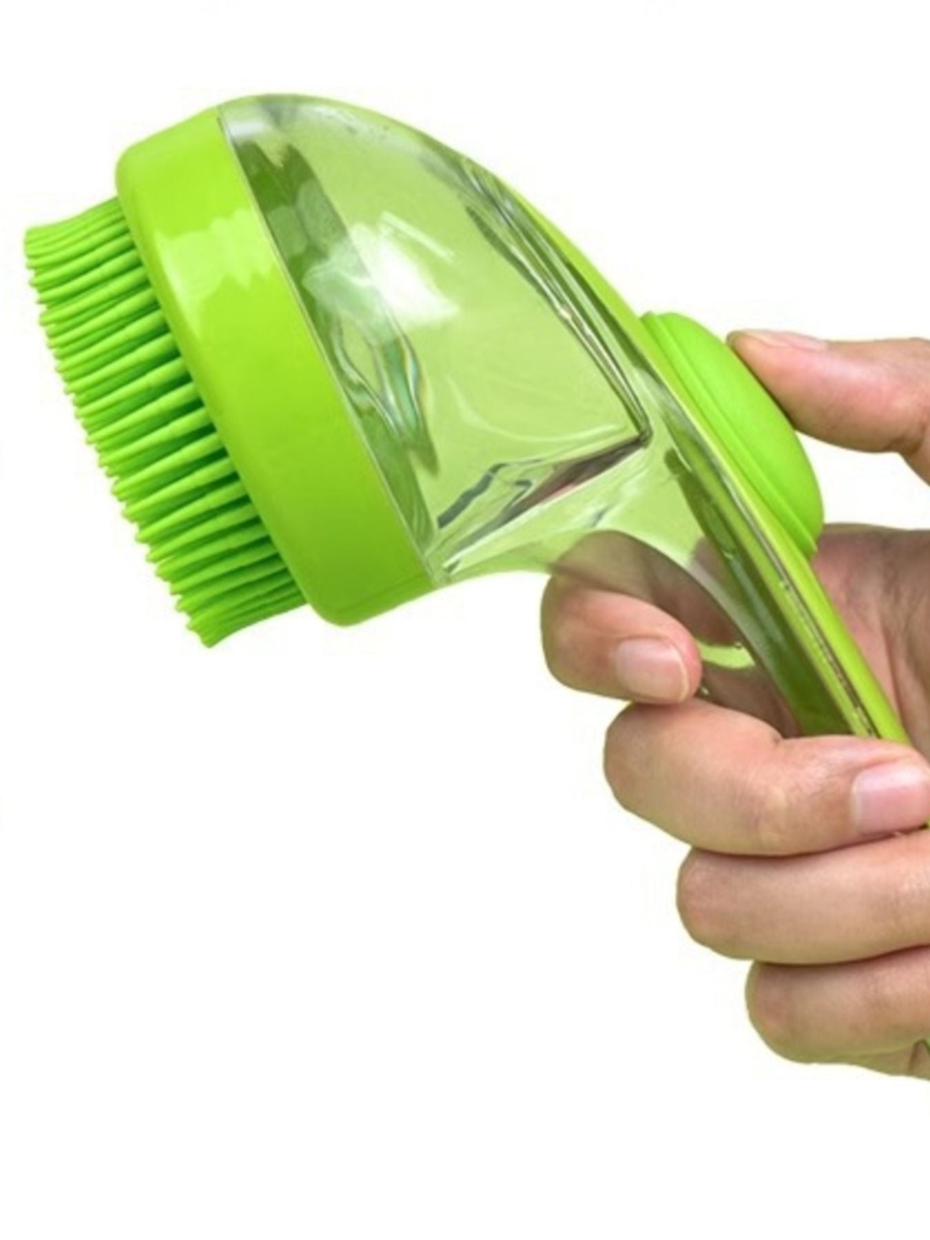 Lime green Soft Pet Shower Brush held in hand, clear body visible
