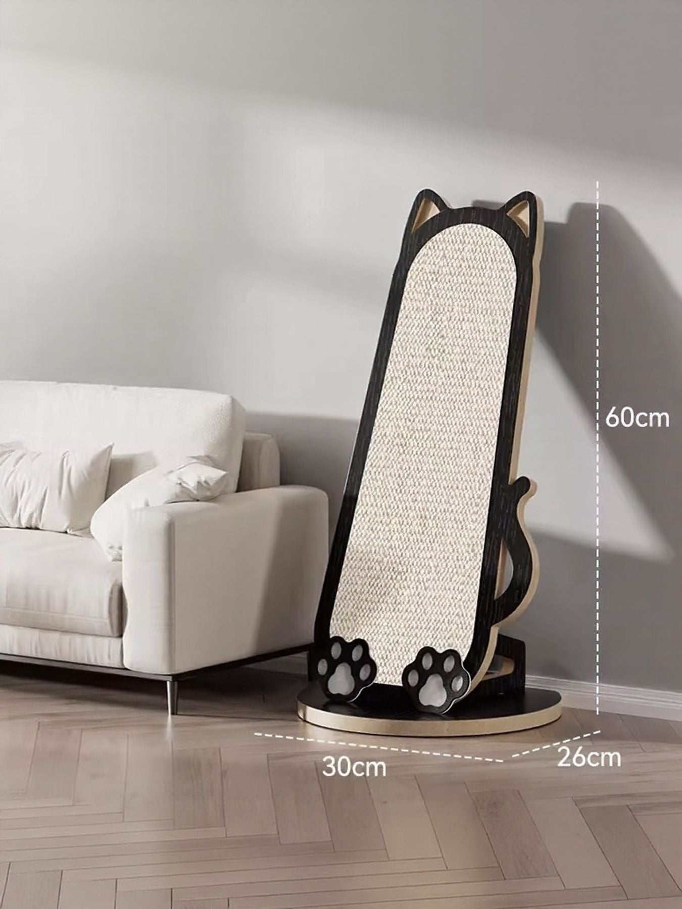 Cat-shaped scratching post with beige scratching board and black paw-print feet