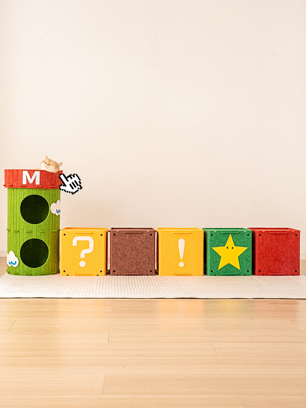 Multicolor cube cat house & tunnel system with M cube, question mark, star, and cloud panels