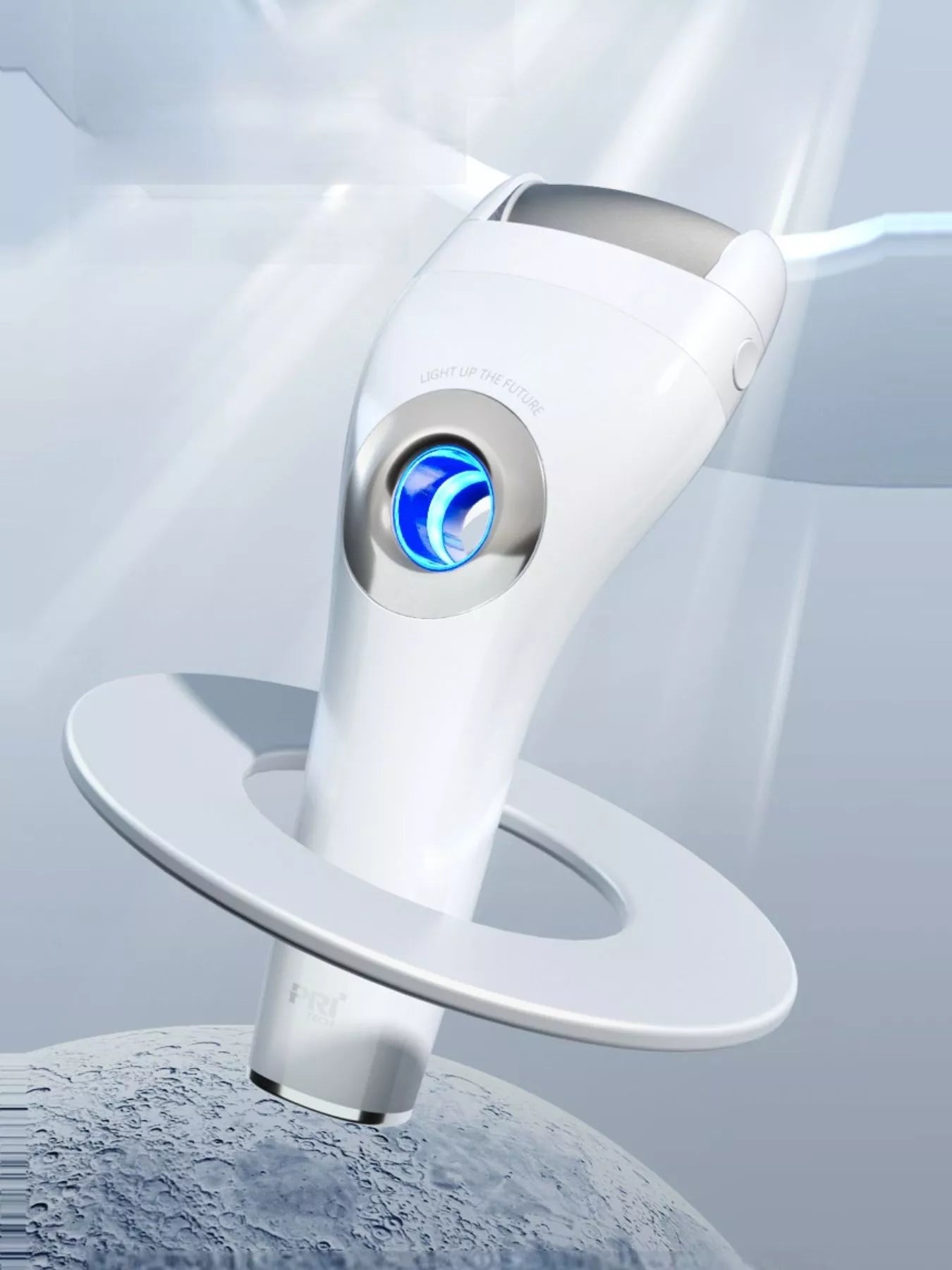 White electric foot nail buffer with blue LED light and circular base stand