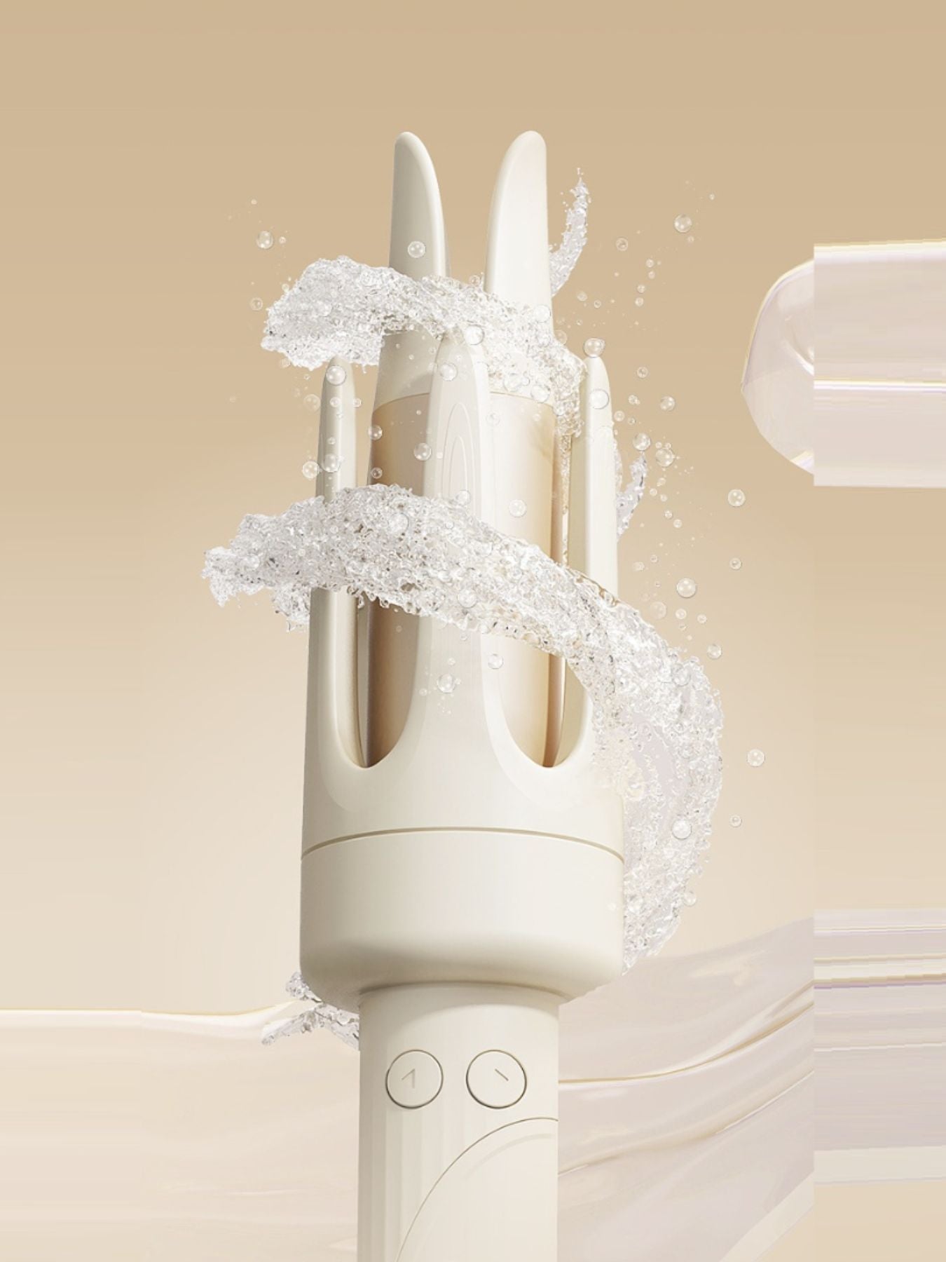 Beige automatic hair curling iron front view, three barrels with side buttons and display