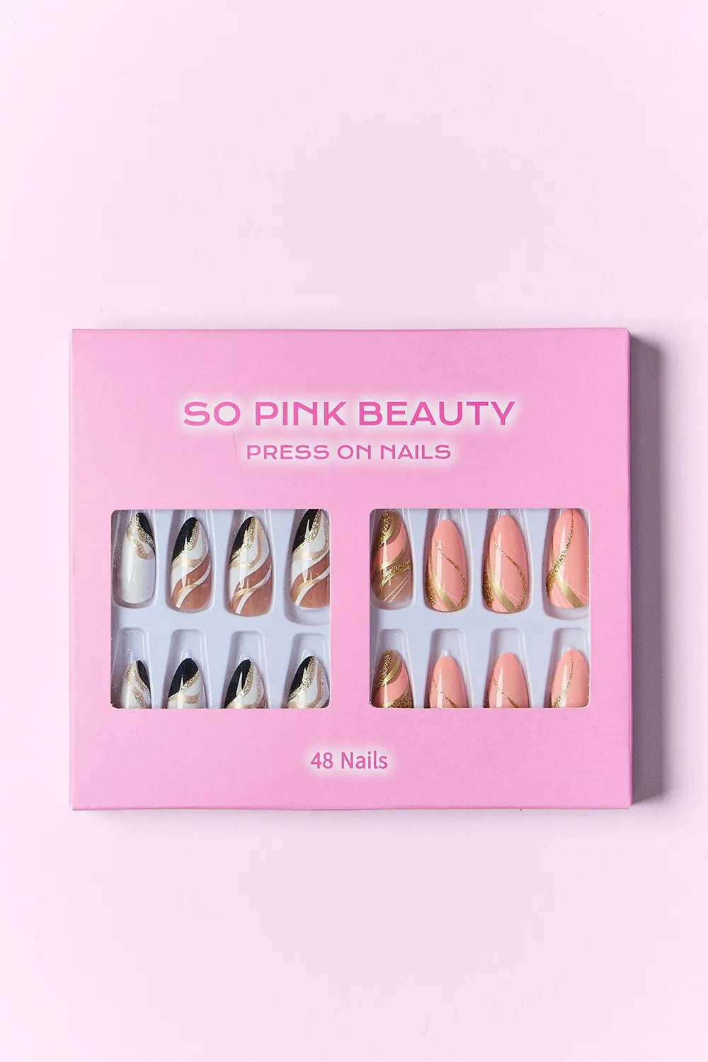 SO PINK BEAUTY press-on nails box, 48 nails, nude set with gold foil accents