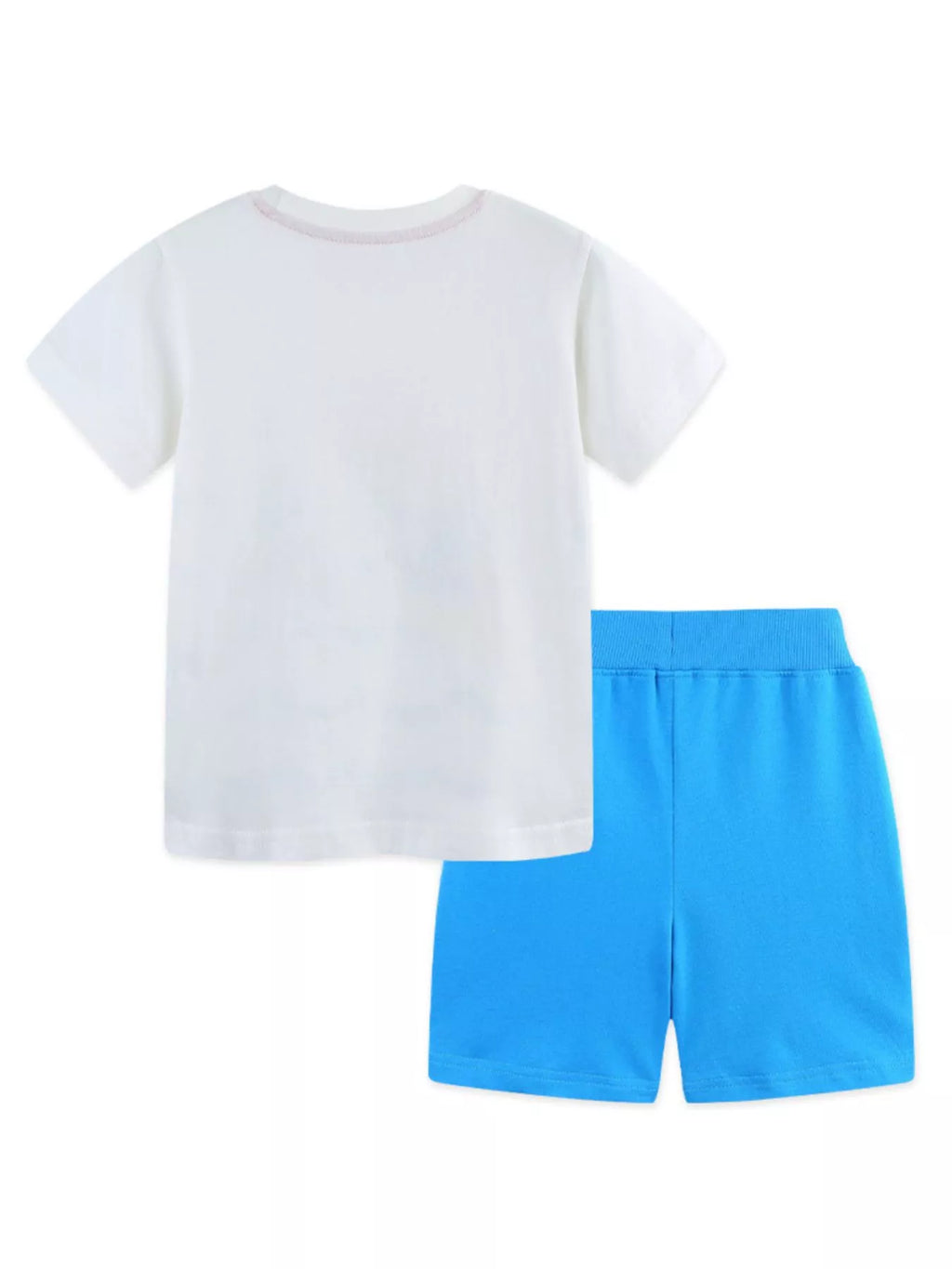 Plain white T-shirt back view with matching blue shorts