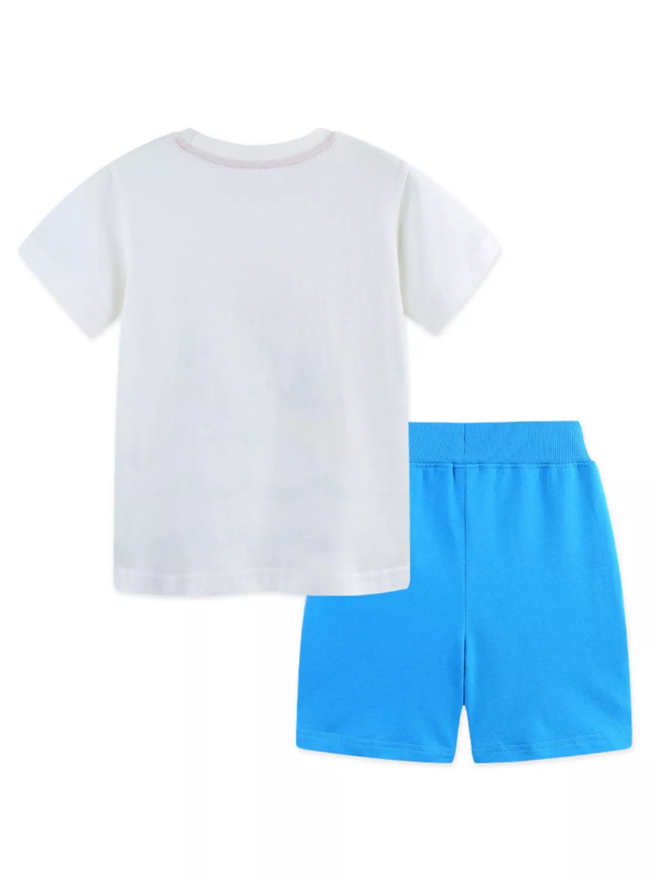 Plain white T-shirt back view with matching blue shorts
