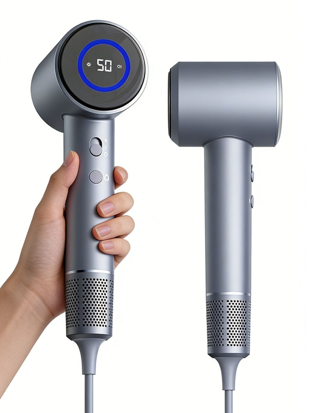 Dark Gray Haarföhn mit LED-Display und Griffknöpfen, Hand bedient