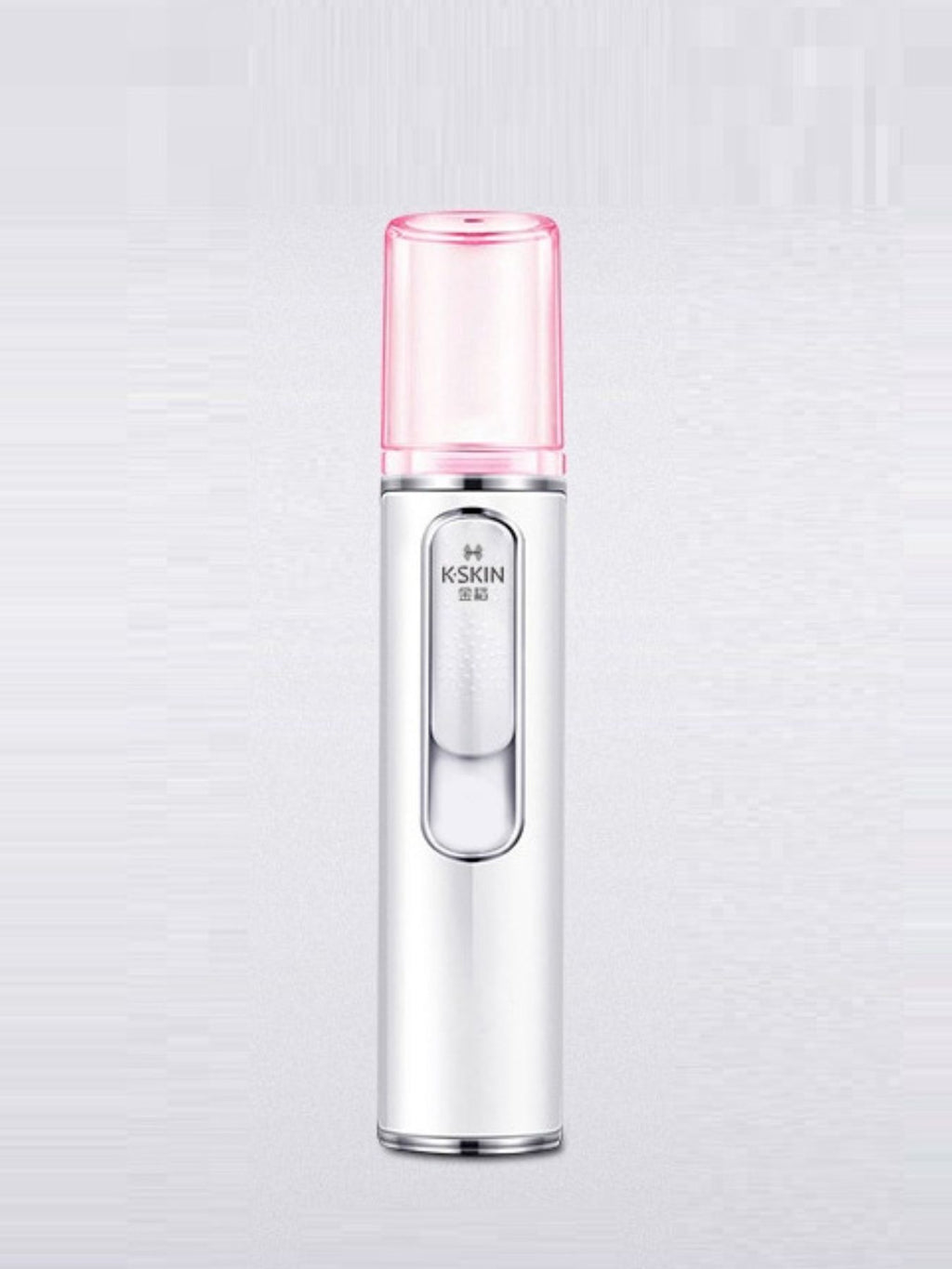 Portable facial mister nano sprayer with clear pink nozzle cap on white body