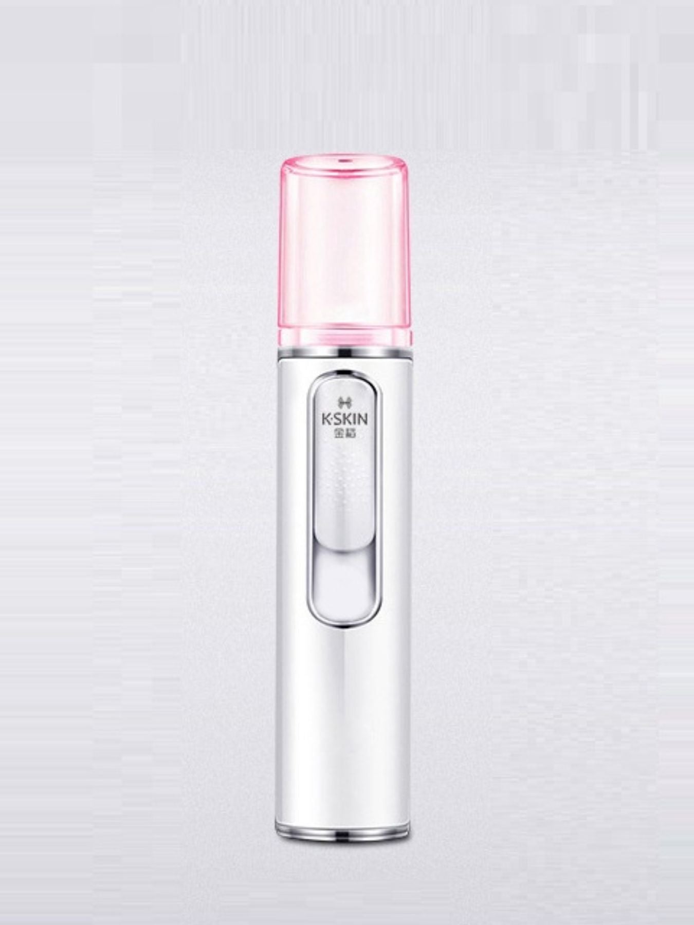 Portable facial mister nano sprayer with clear pink nozzle cap on white body