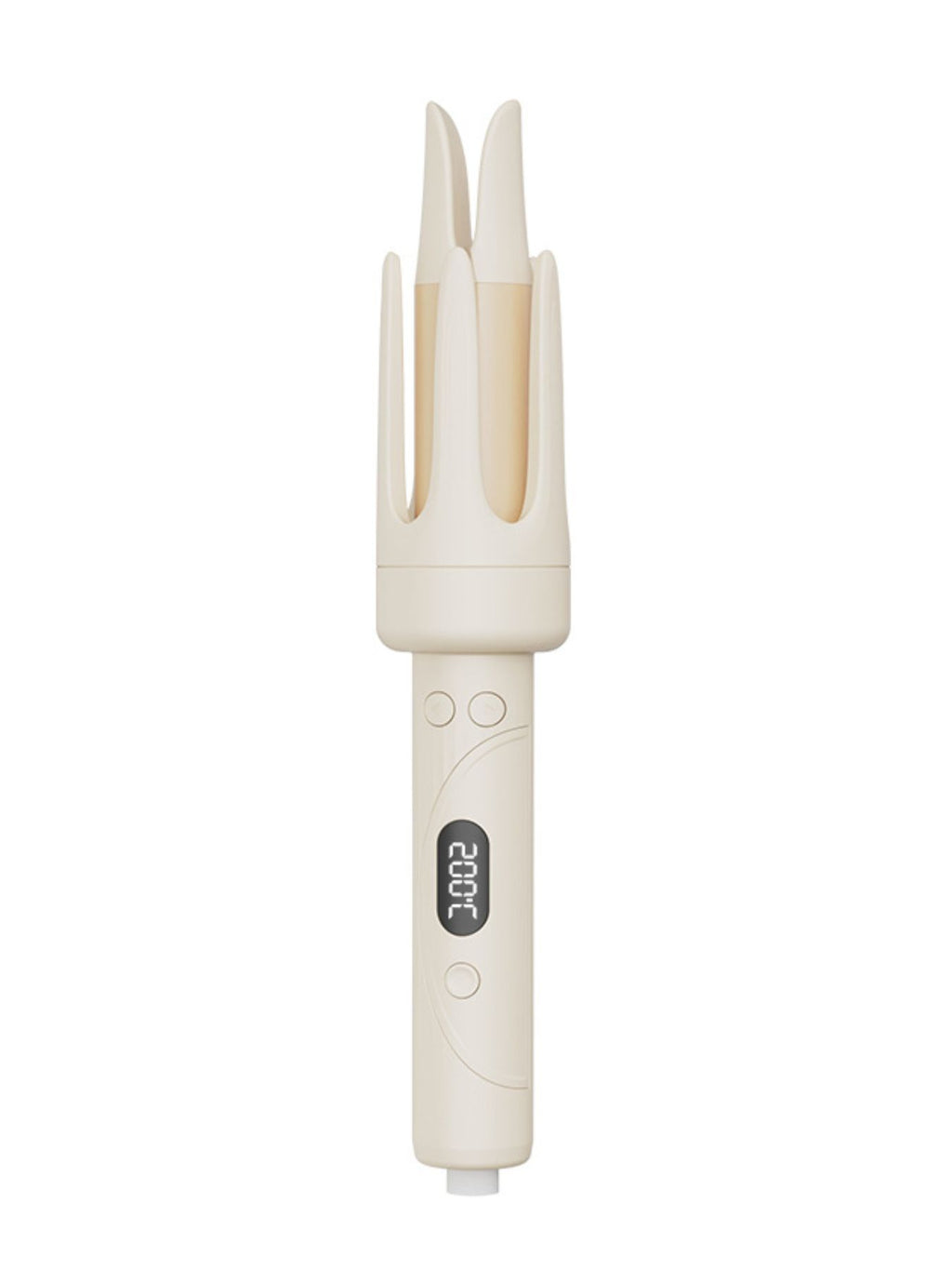 Beige automatic hair curling iron product view with three barrels and round side buttons