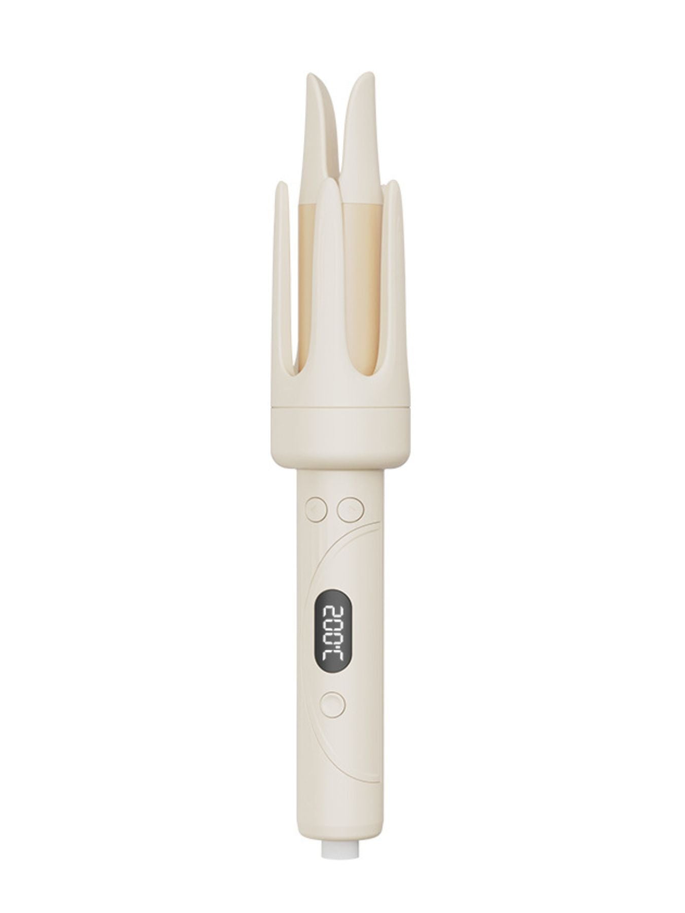 Beige automatic hair curling iron product view with three barrels and round side buttons