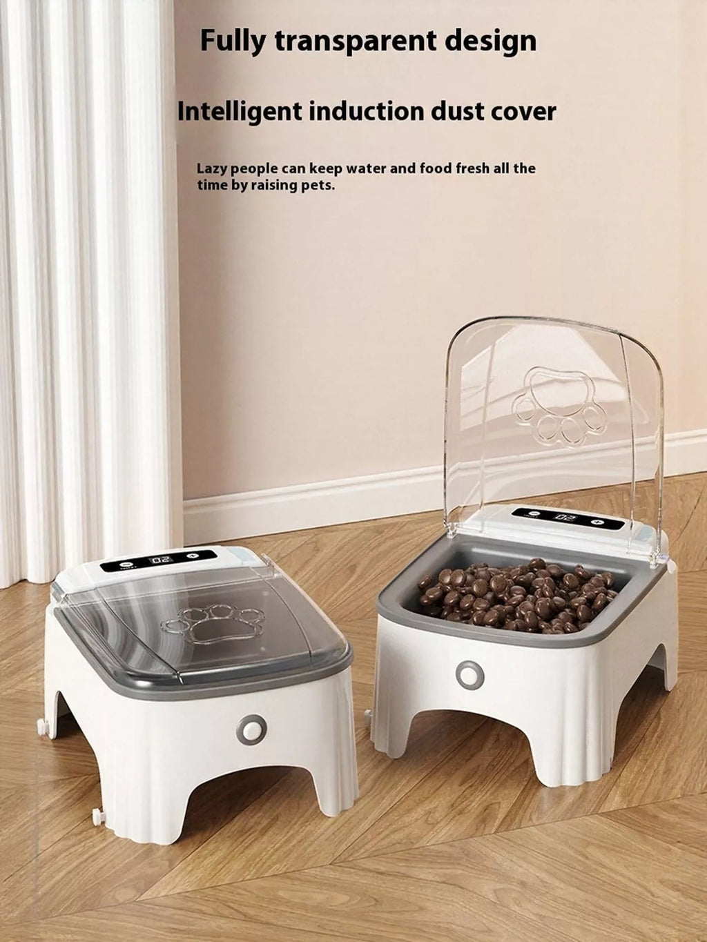 Automatic Pet Feeder mit transparenter Staubschutzhaube und Futter in der erhöhten Schüssel