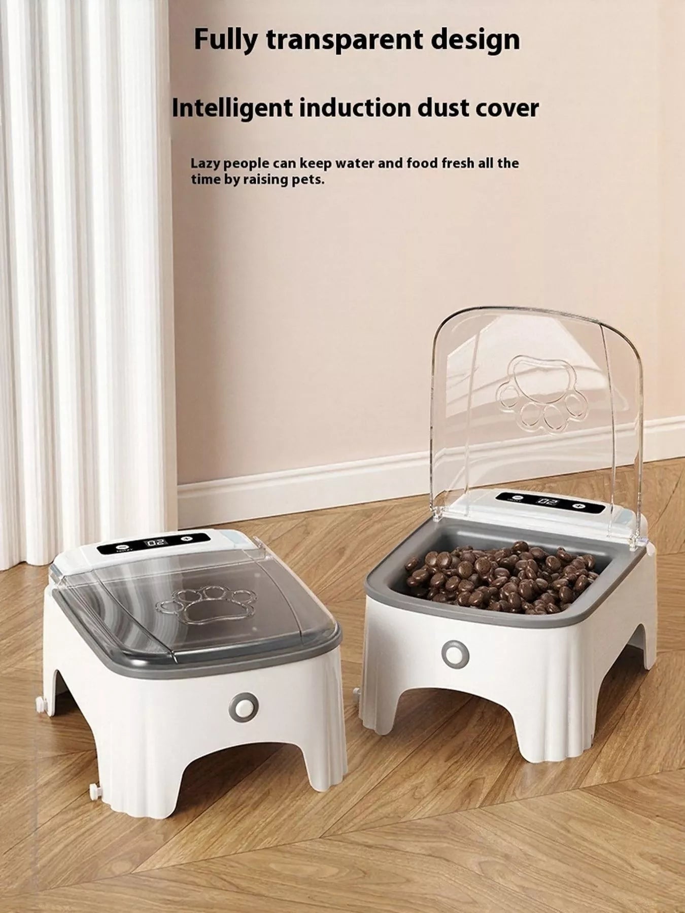 Automatic Pet Feeder mit transparenter Staubschutzhaube und Futter in der erhöhten Schüssel