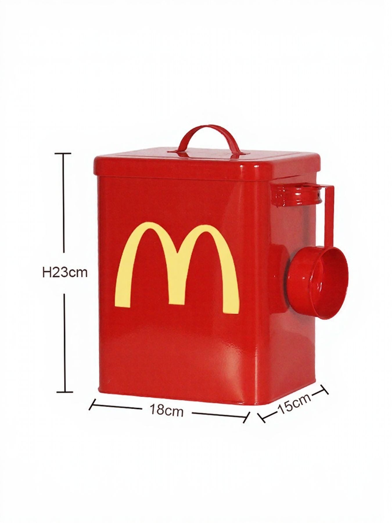 Red lidded pet food storage container with yellow logo and side dispenser port