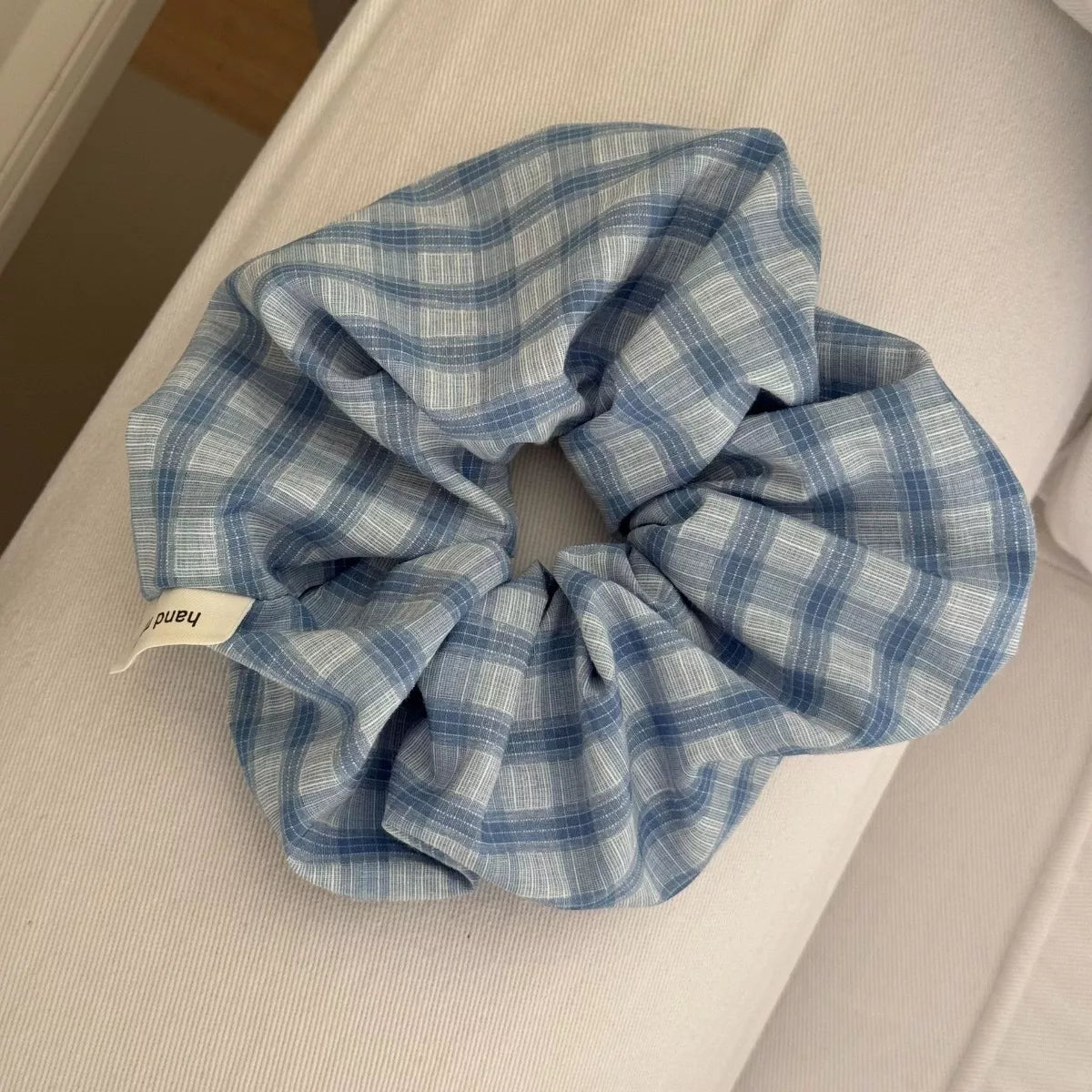 5-teiliges Haargummi-Set, hellblau karierte Scrunchies mit Stoffgummiring
