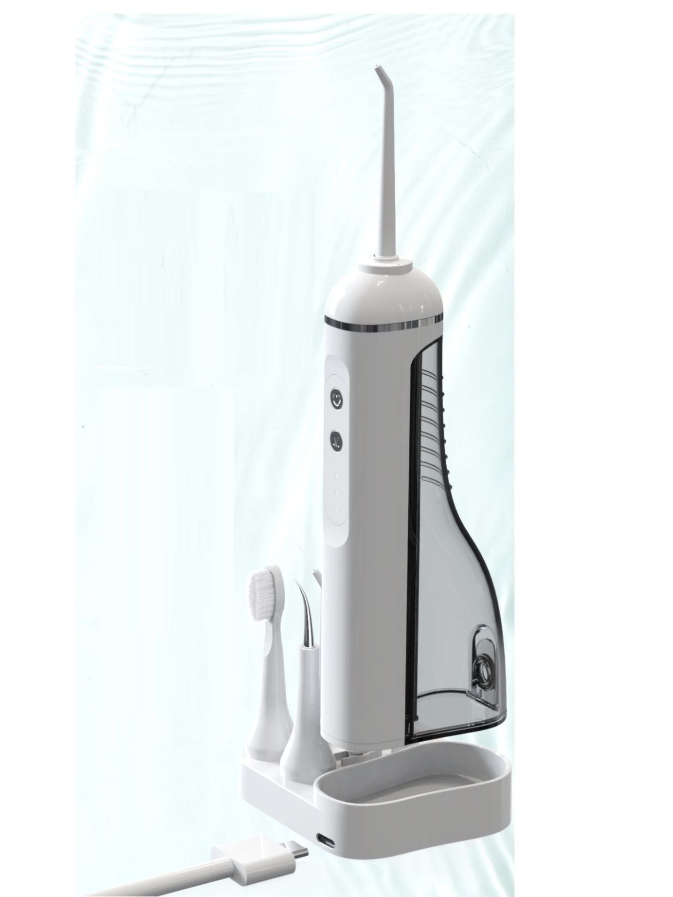 White water flosser on base with attached toothbrush and specialty nozzle heads