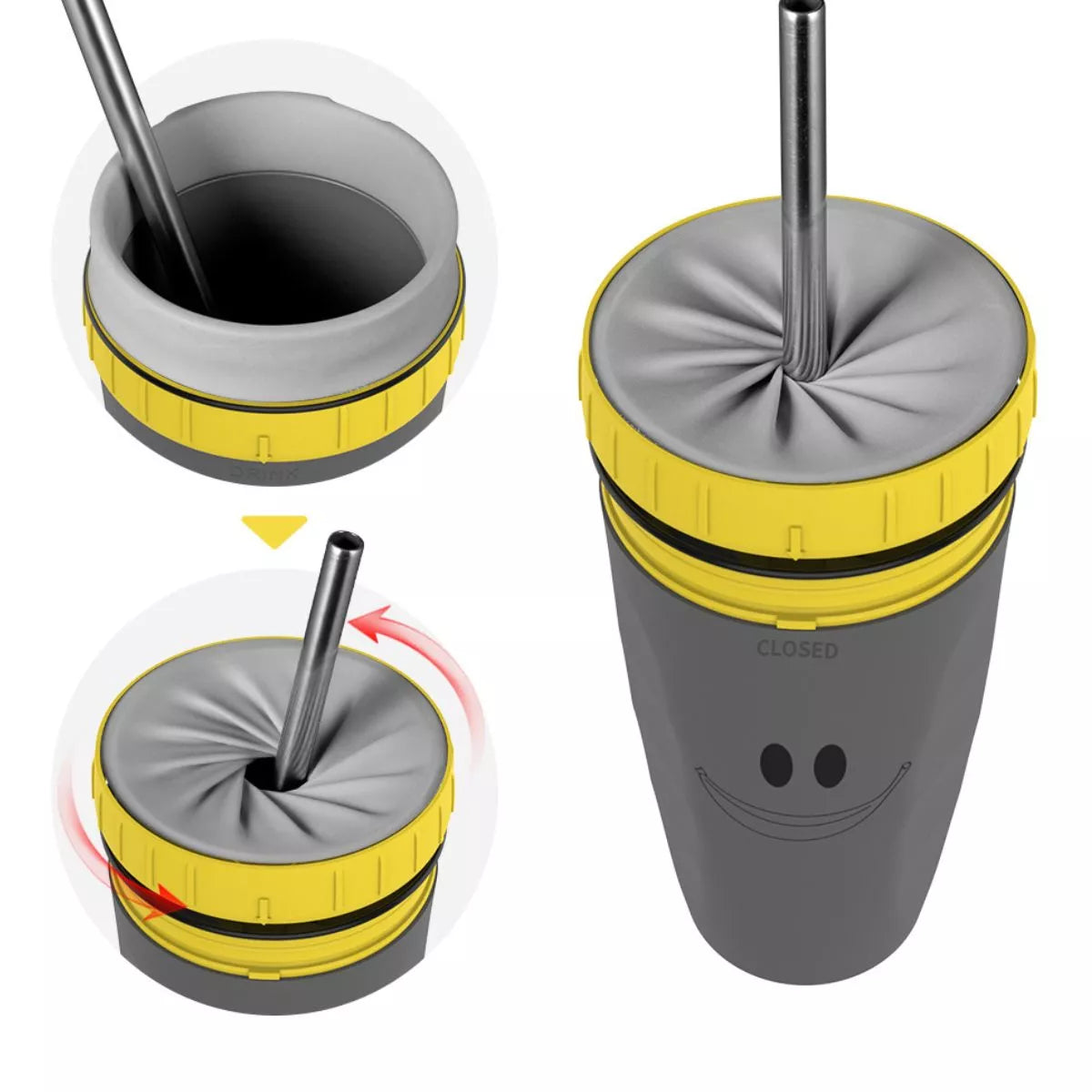 Two views of gray Christmas tumbler: closed yellow band and open straw lid