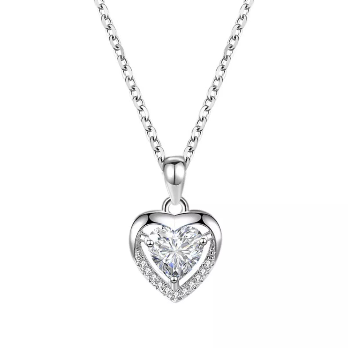 Silver heart pendant with clear zircon center and pavé halo border