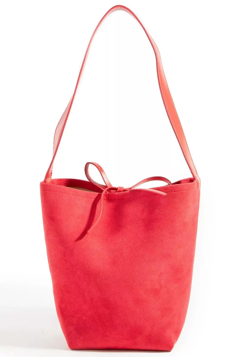 Faux suede bucket pouch tote, red shoulder bag with drawstring tie at top