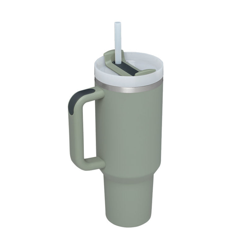 40 oz Tumbler mit Griff, salbeigrün, Deckel mit Strohhalm, vakuumisoliert, Edelstahl