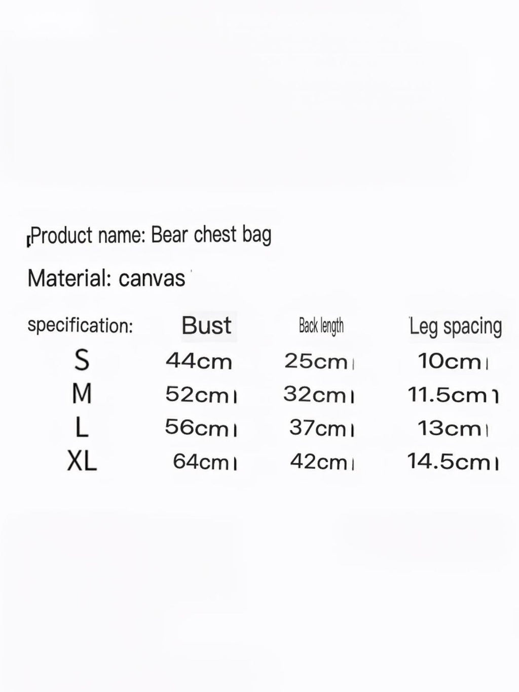 Size chart for bear chest bag: Bust, back length, leg spacing (S–XL)