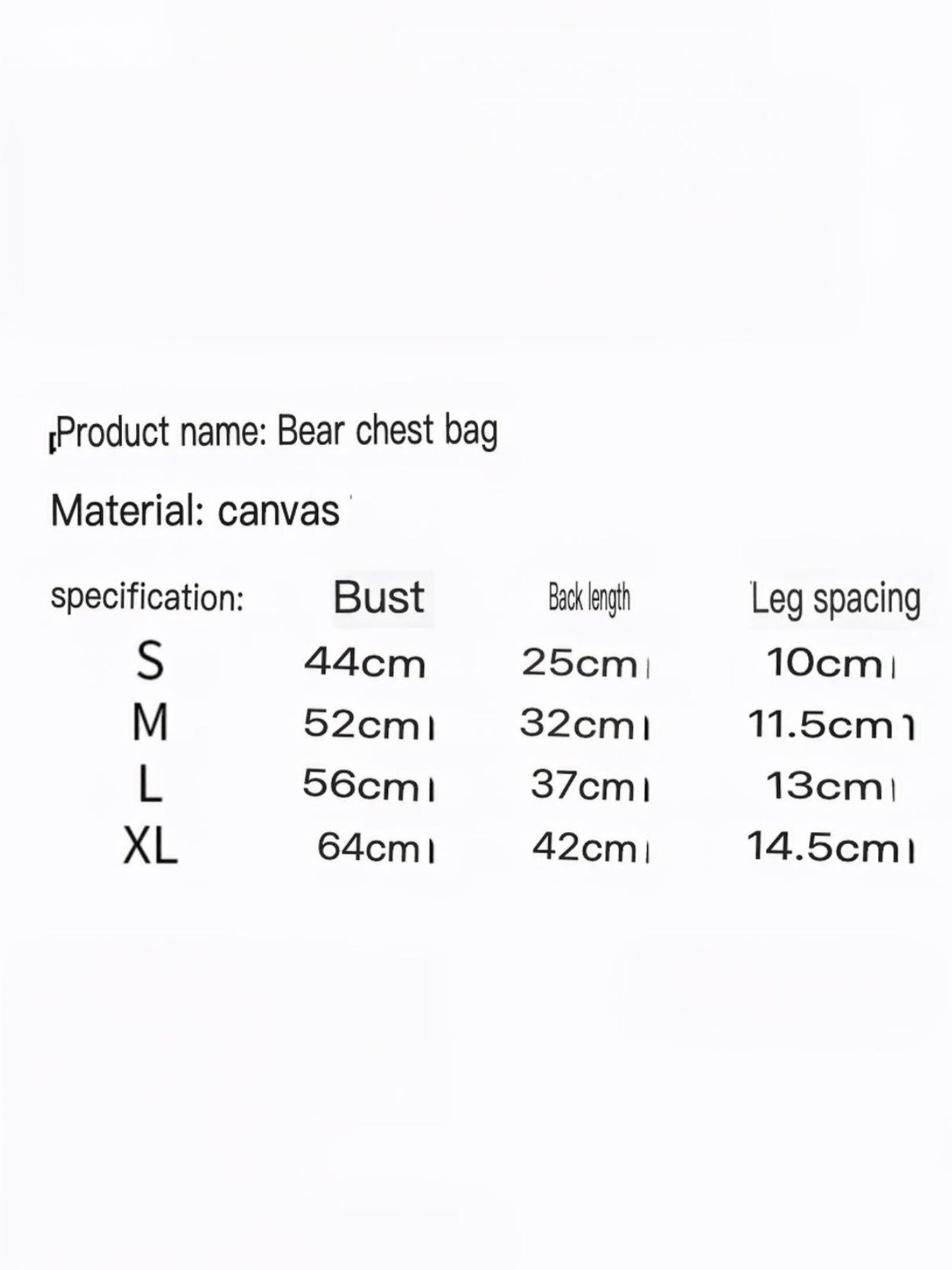 Size chart for bear chest bag: Bust, back length, leg spacing (S–XL)