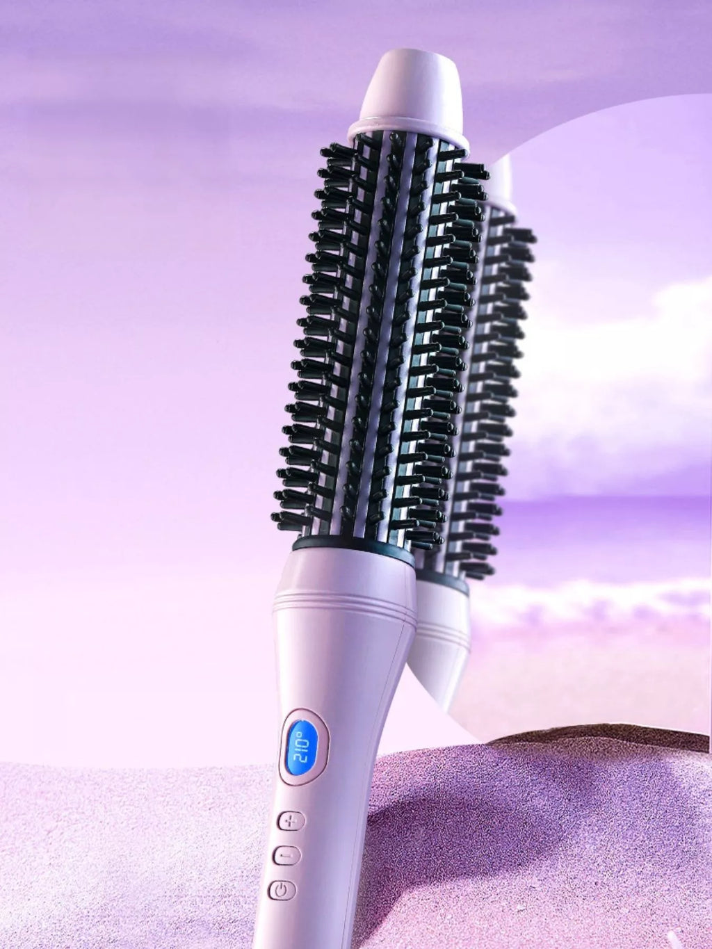 Pink-purple hot air brush with tall round barrel of black bristles and control panel