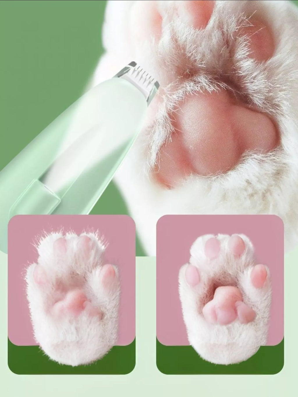 Pink pet hair clipper trimming a cat paw area, close-up