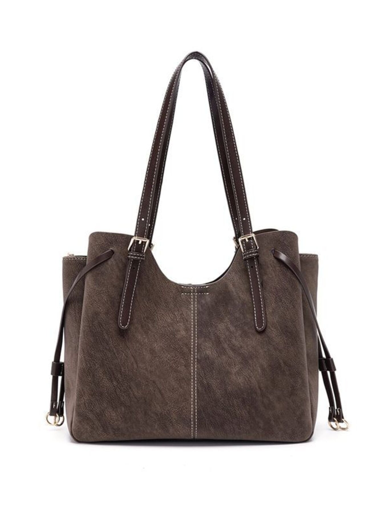 Brown tote-style shoulder bag with adjustable straps, metal buckles, and side rings