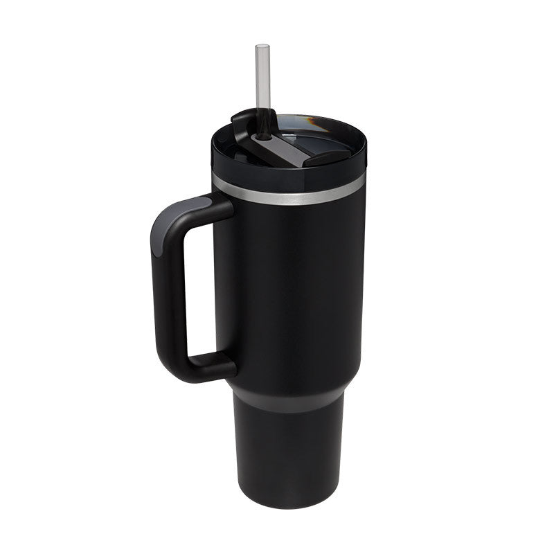 40 oz Tumbler mit Griff, schwarz, Deckel mit Strohhalm, vakuumisoliert, Edelstahl