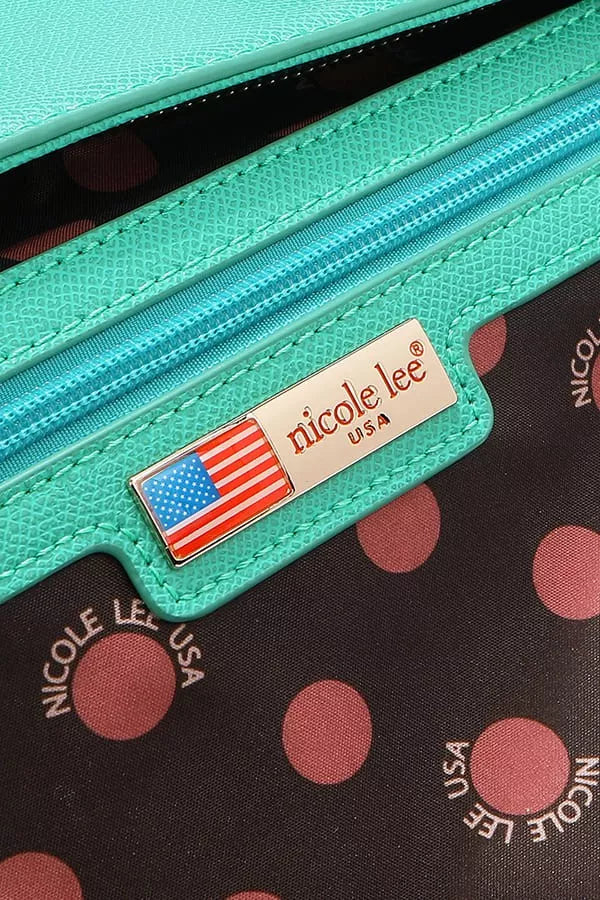 Teal-green zip pocket with “Nicole Lee USA” patch and decorative hardware
