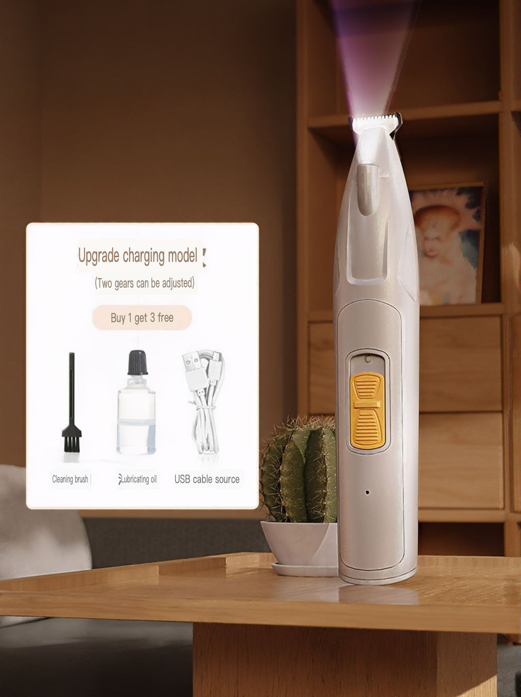 Gray rechargeable pet paw trimmer with LED indicator and adjustable power switch